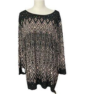 Bob Mackie Wearable Art Black Tan Geometric Sequin Sparkle Blouse Long Sleeve 3X